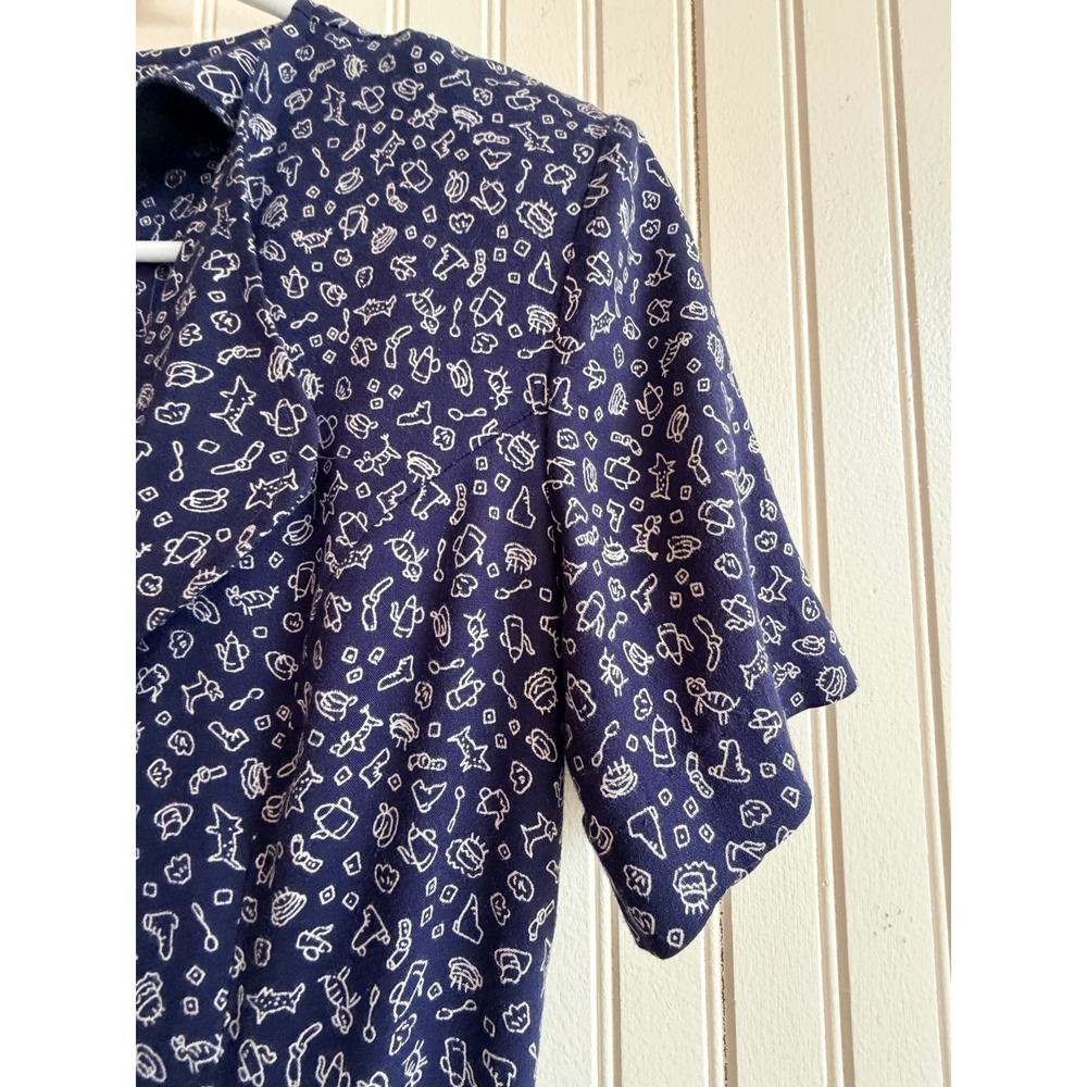 Vintage Mod Int'l Navy Blue White Whimsical Print Rayon Button Front Dress 4